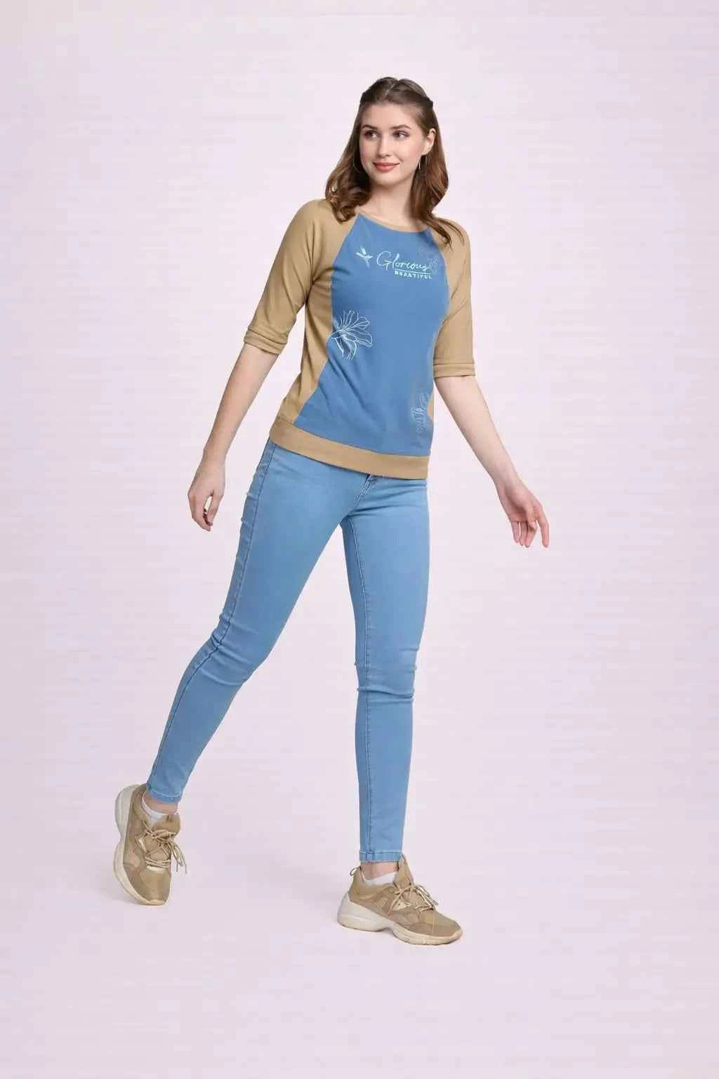 Astron – Beige & Denim Boat Neck Elbow Sleeves T-Shirt for Women