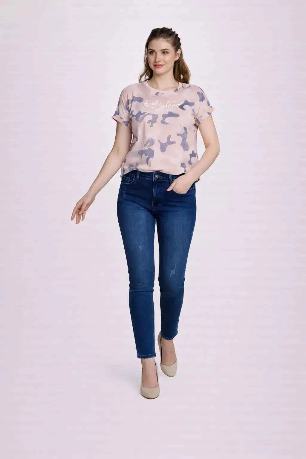 Astron – Light Pink Camouflage Print Magyar Sleeve Top for Women