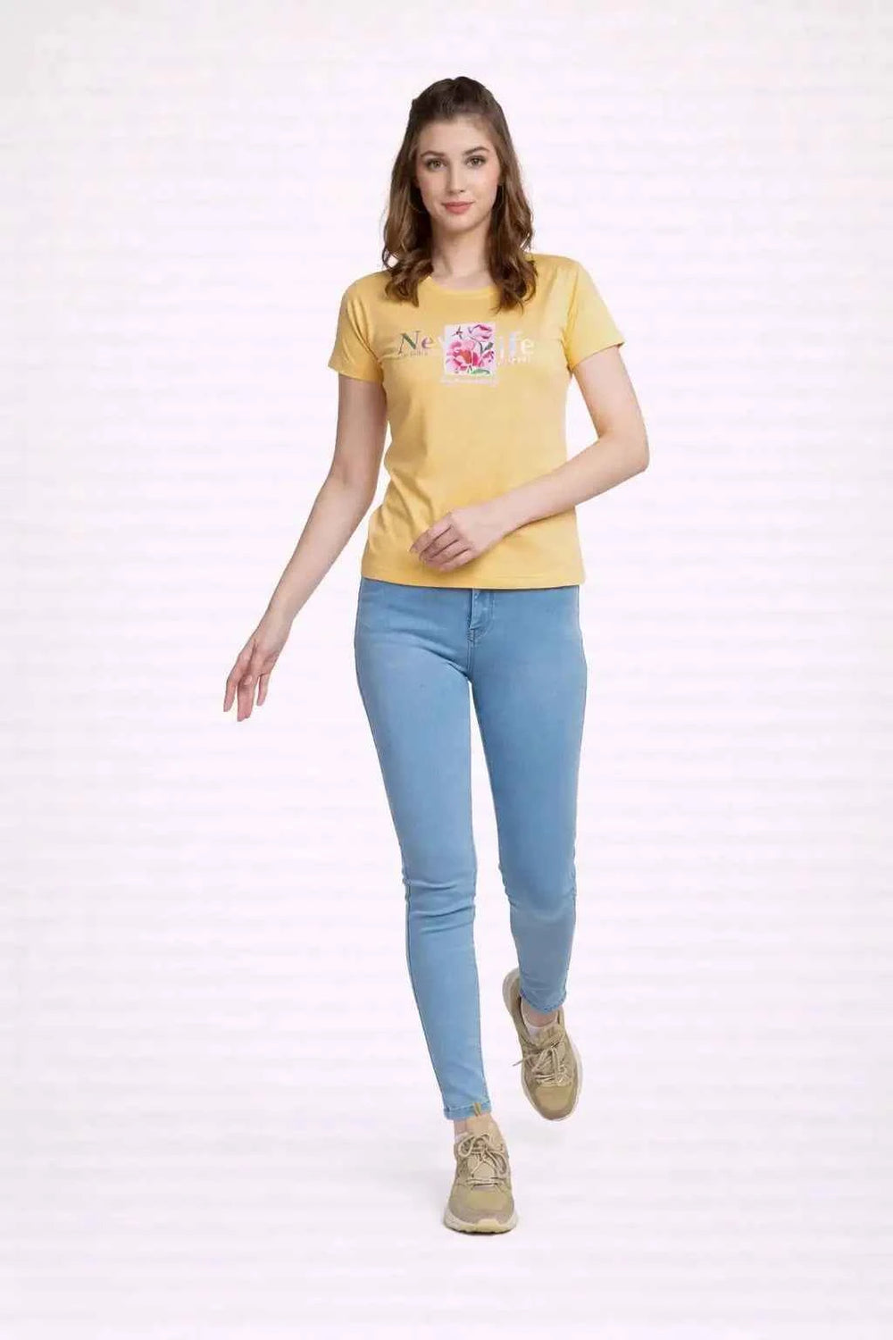 Flower Print Lemon Colour Round Neck T-shirt For Ladies