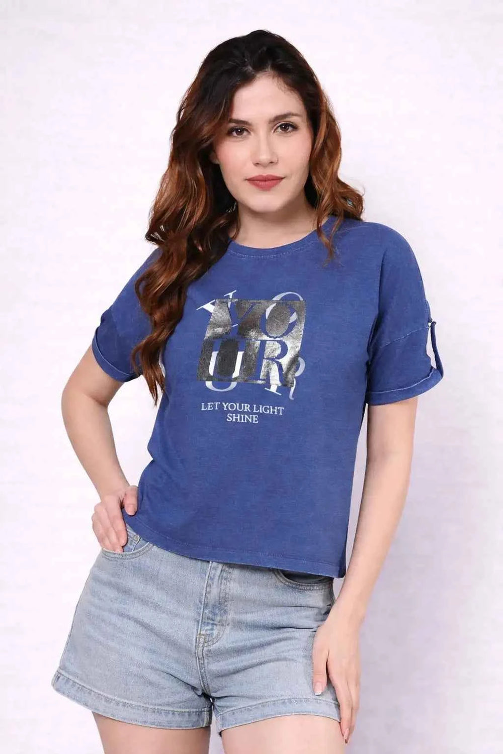 Magyar Sleeves Denim Knitted Printed Short Top