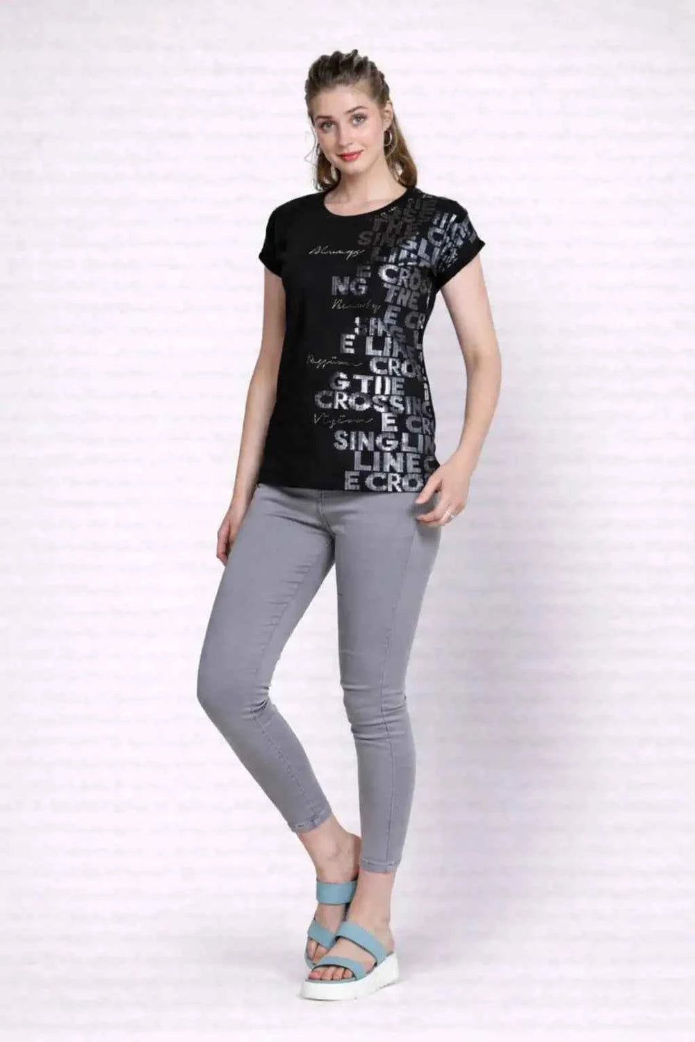 Astron - Magyar Sleeves Typography Print Cotton T-shirt for Women