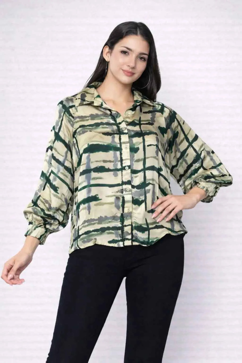 Astron – Green Printed Long Sleeves Shirt for Women