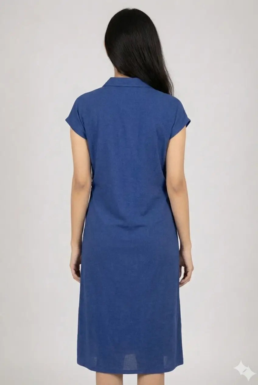 Women's Blue Midi Dress - Casual Button-Down Dress for Everyday Wear - ASTRON