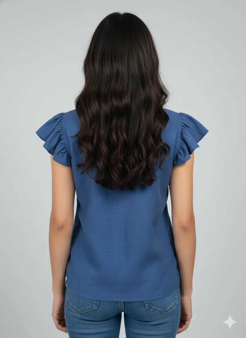 Women’s Blue Ruffle-Sleeve Pintuck Top - ASTRON