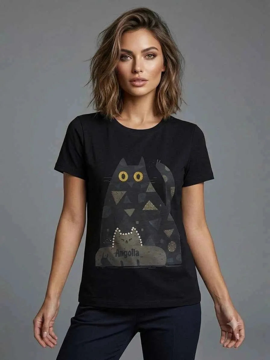 Women's Black Cat Graphic Printed Casual T-Shirt
