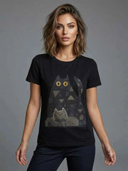 Women's Black Cat Graphic Printed Casual T-Shirt
