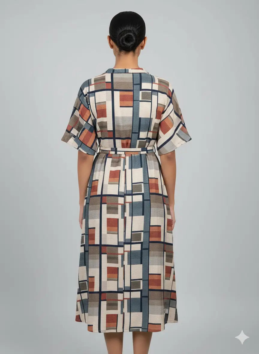 Women’s Geometric Print Belted Midi Dress - ASTRON