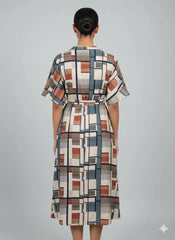 Women’s Geometric Print Belted Midi Dress - ASTRON