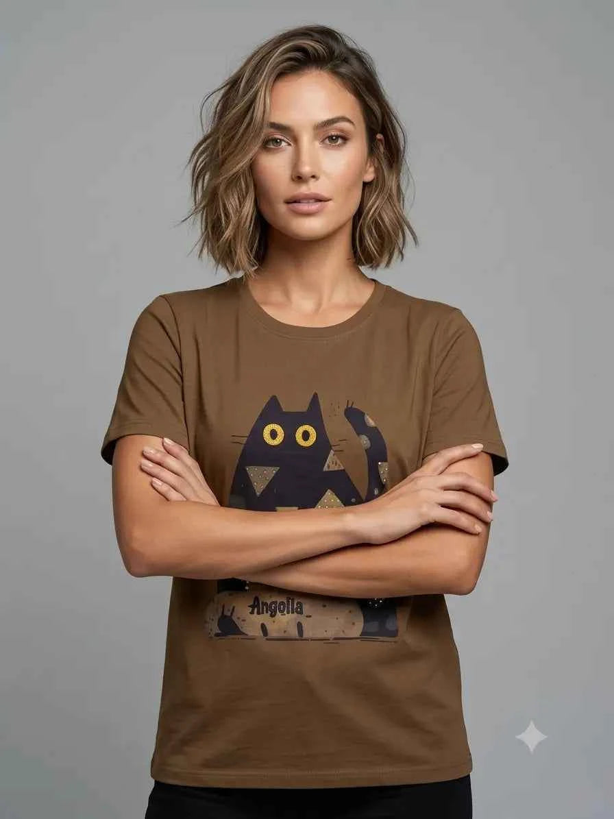 Women's Coffee Brown Cat Graphic Printed Casual T-Shirt