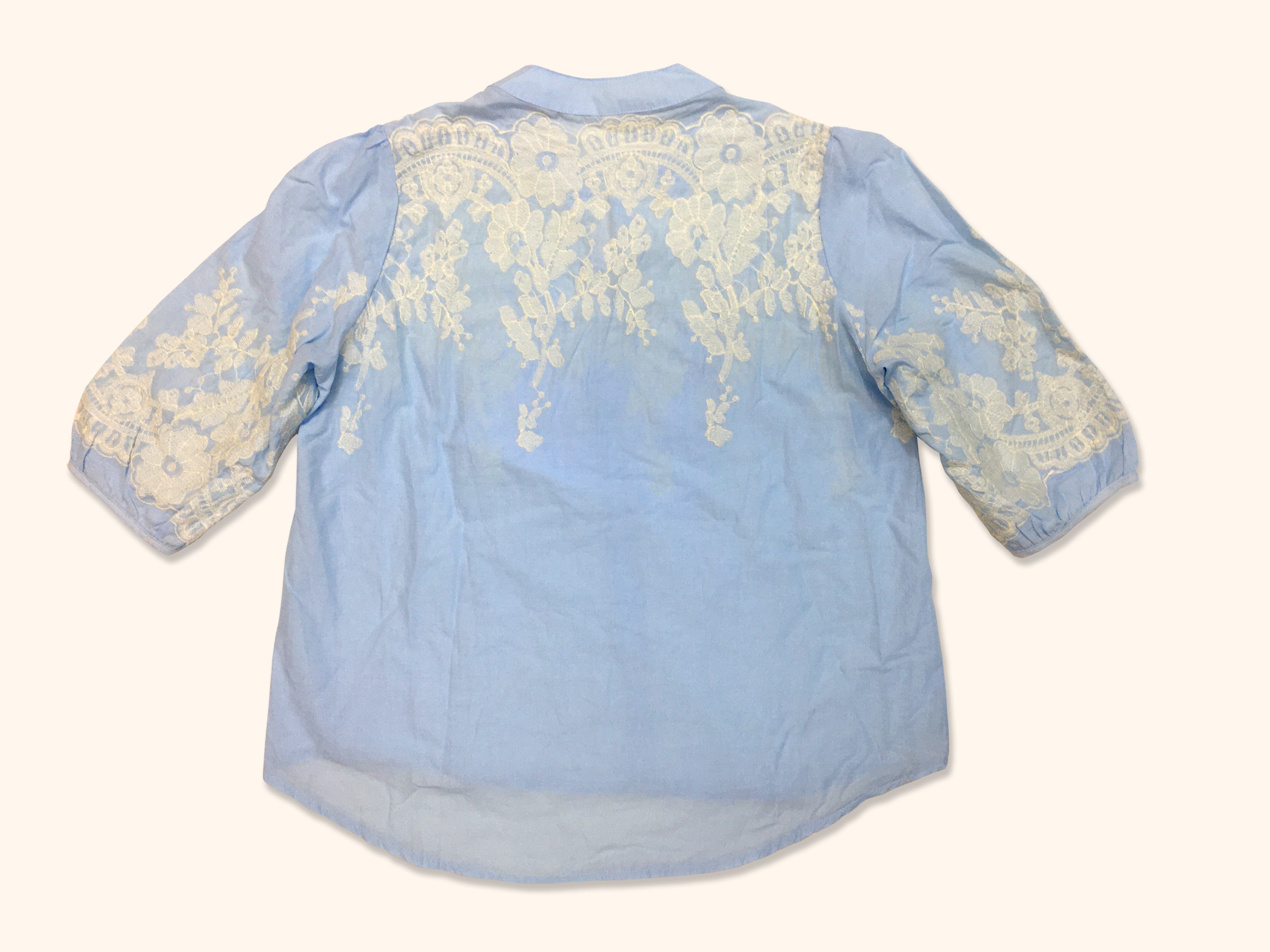 Astron Light Blue Cotton Shirt with Intricate White Floral Embroidery