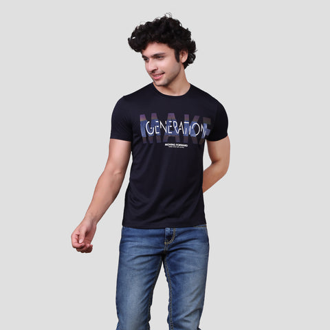 Navy Round Neck Printed T-shirt Men - ASTRON