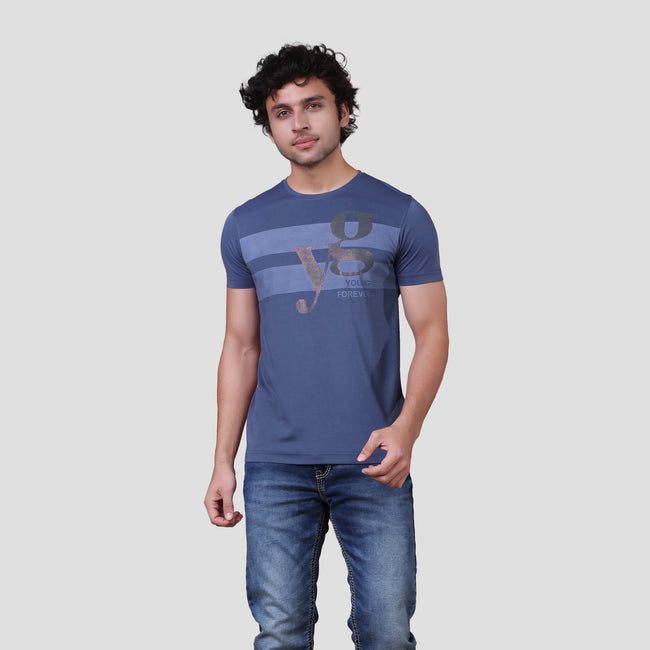 Blue & Pink Round Neck Printed T-shirt Men - ASTRON