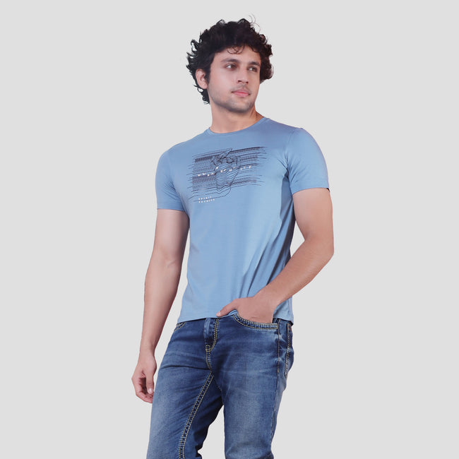 Grey & blue Half Sleeve T-shirt Men - ASTRON