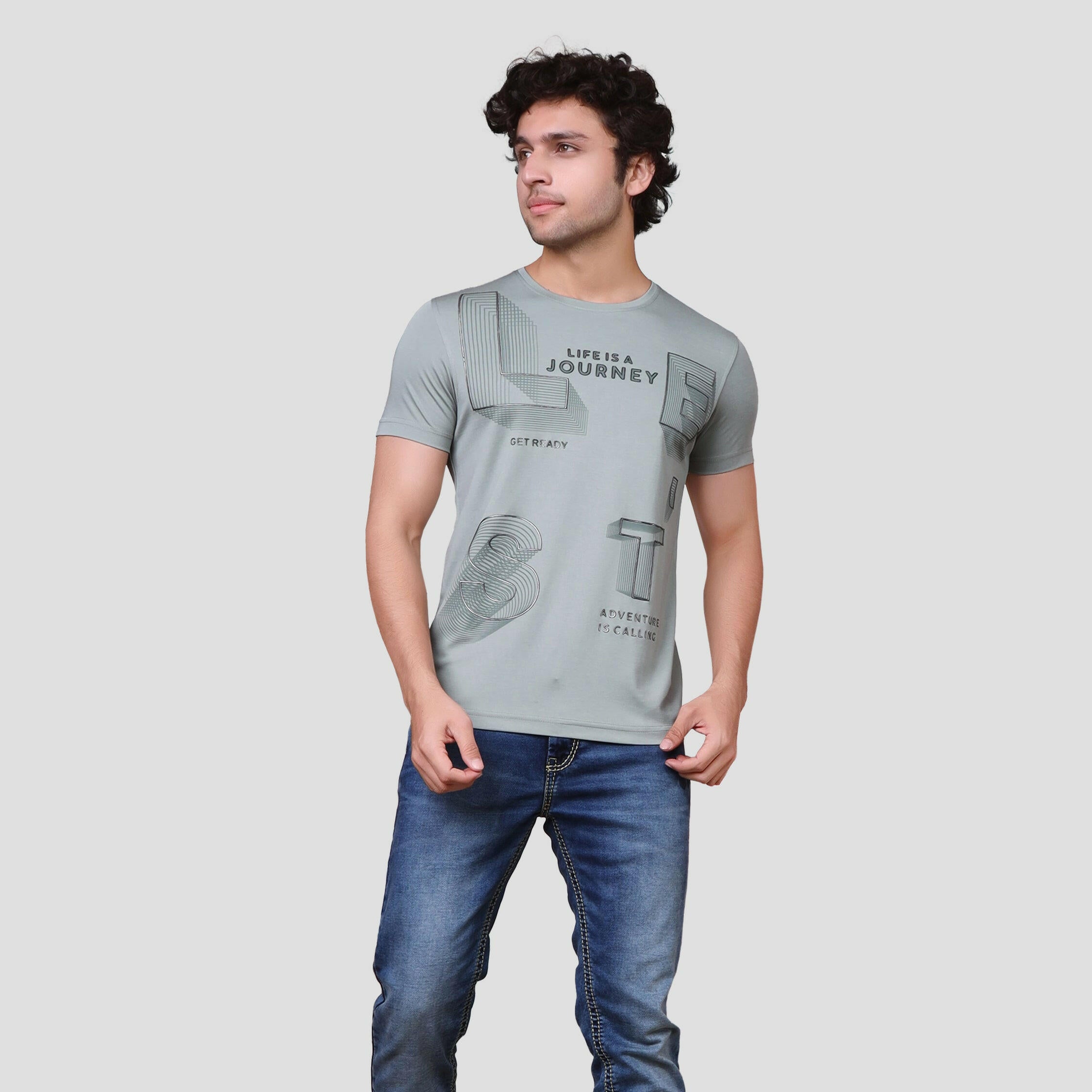 Grey & Green Typography Printed Men T-shirt - ASTRON