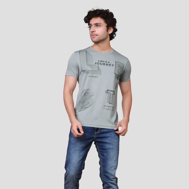 Grey & Green Typography Printed Men T-shirt - ASTRON