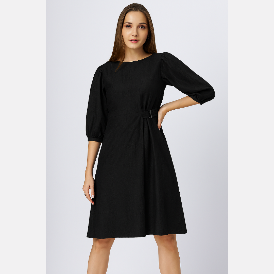 Round Neck Aline Knee Length Dress With Belt