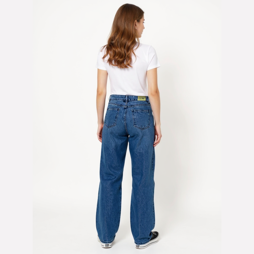 Astron Women’s Streetwear Medium Wash High-Rise Distressed Jeans – Relaxed & Wide-Leg