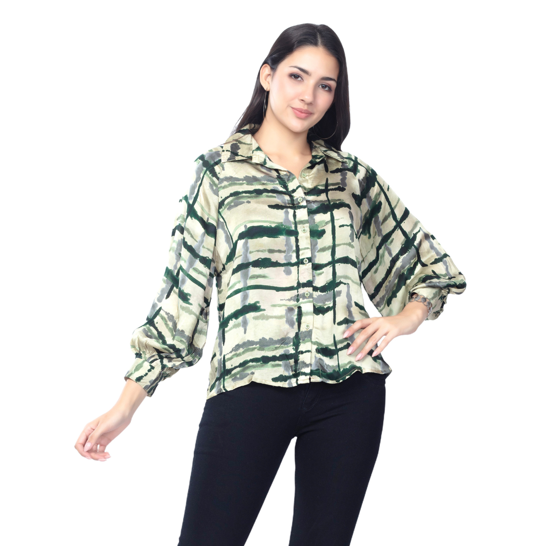 Astron – Green Printed Long Sleeves Shirt for Women