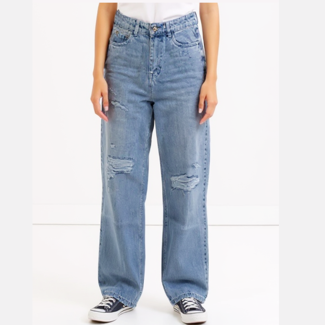 Astron Wide-Leg Distressed Light Wash Denim Jeans for Women – Relaxed Fit Streetwear Look