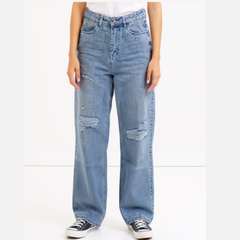Astron Wide-Leg Distressed Light Wash Denim Jeans for Women – Relaxed Fit Streetwear Look