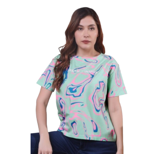 Astron – Women’s Half Sleeves Green Color Relaxed Fit Printed T-Shirt