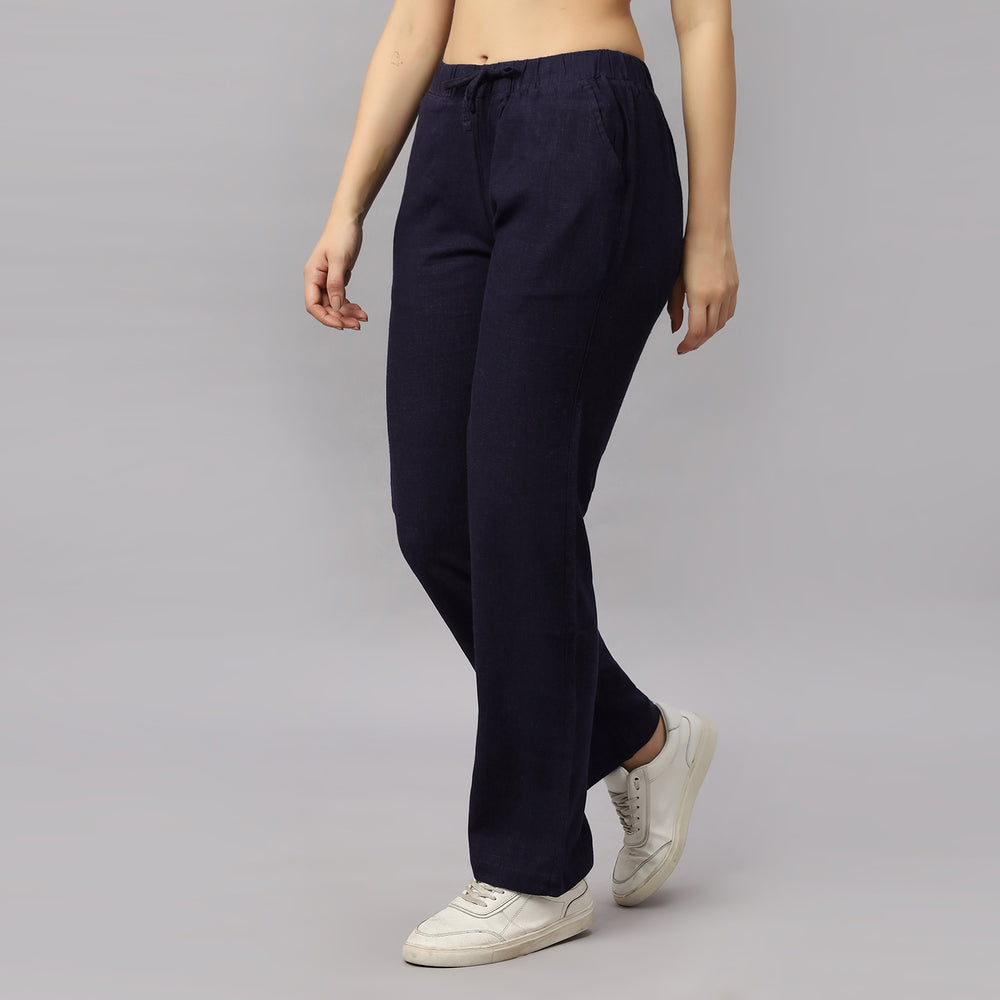 Women's Straight Fit Navy  Blue Colour Viscose Linen Pant.