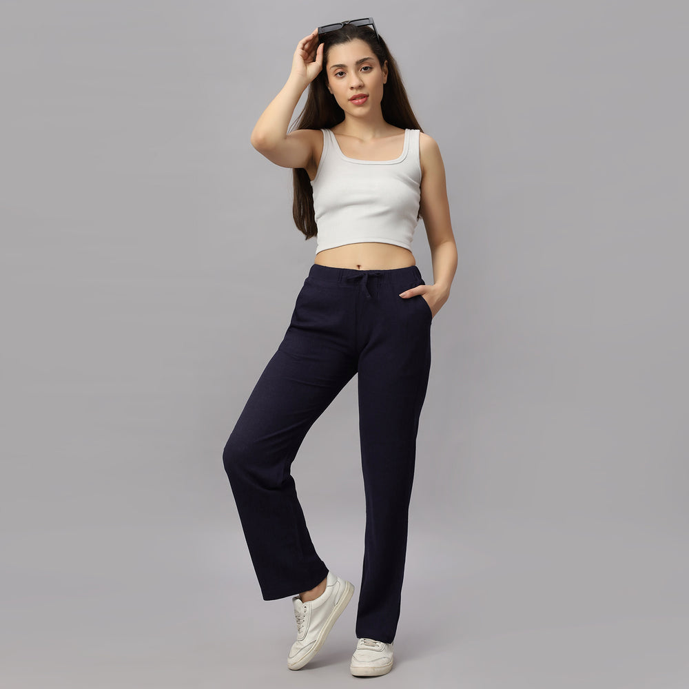 Women's Straight Fit Navy  Blue Colour Viscose Linen Pant.