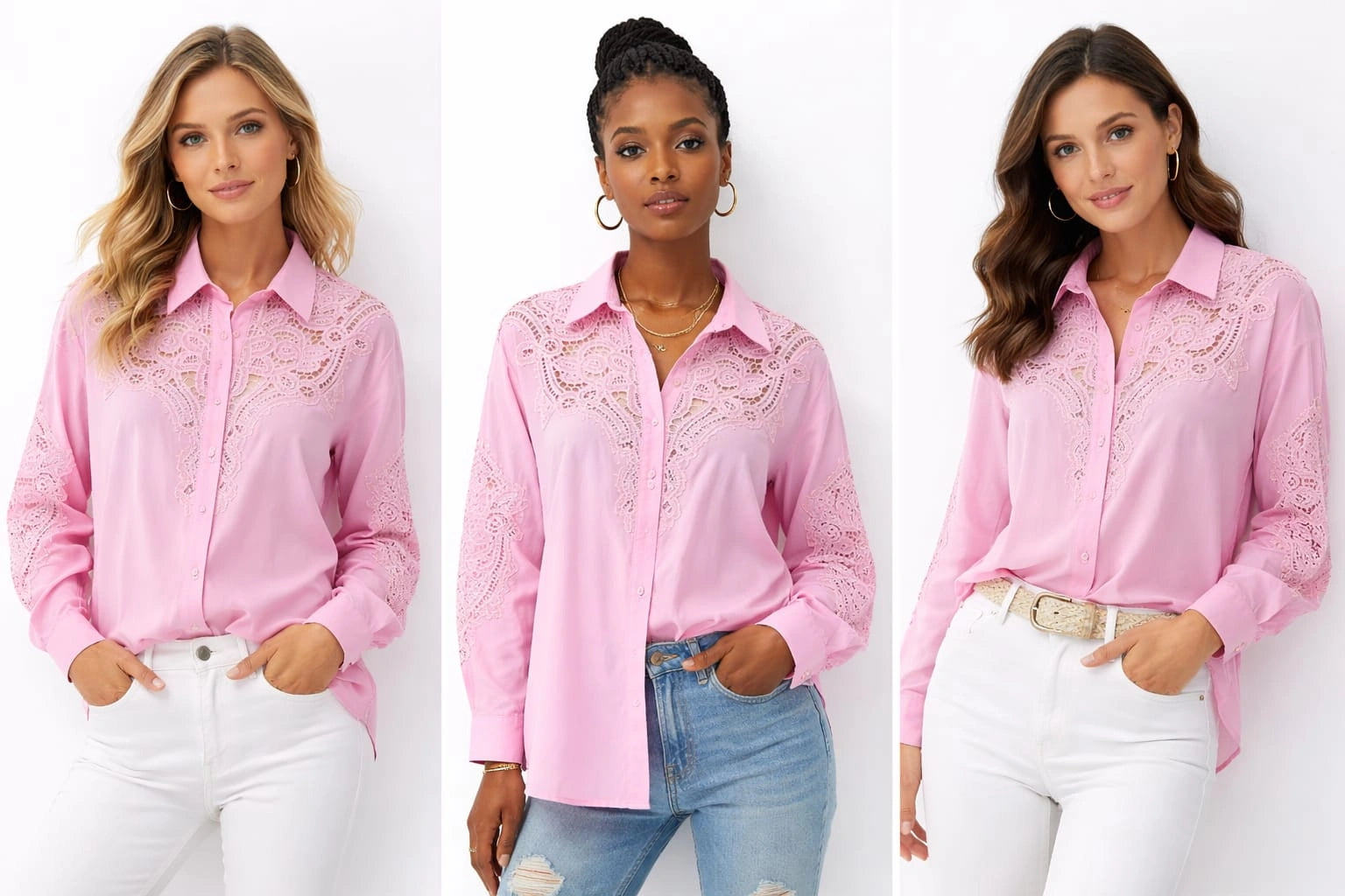 Women’s Pink Embroidered Lace Detail Shirt