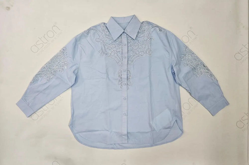 Women’s Sky Blue Embroidered Lace Detail Shirt - ASTRON