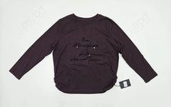 Dark purple long-sleeve shirt with text on a white background
