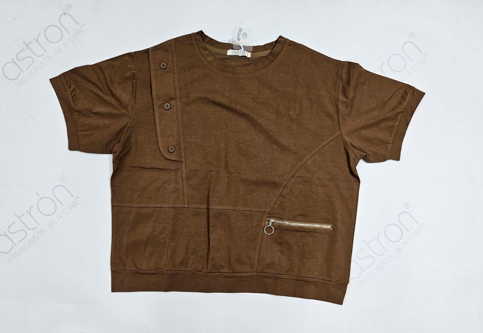Brown short-sleeve shirt with buttons and a zipper pocket on a white background