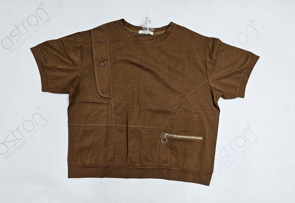 Brown short-sleeve shirt with buttons and a zipper pocket on a white background
