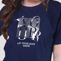 Magyar Sleeves Denim Knitted Printed Short Top.