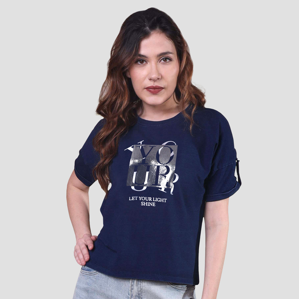 Magyar Sleeves Denim Knitted Printed Short Top.