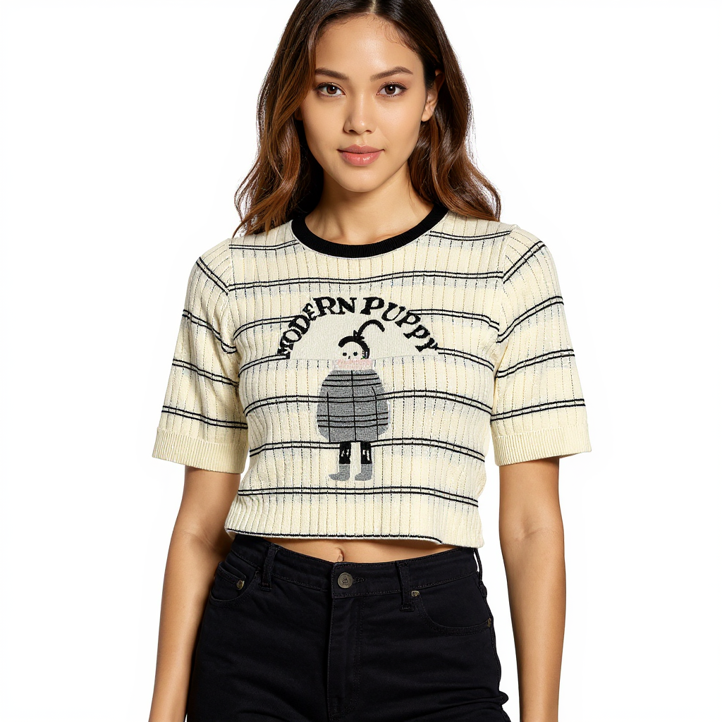 Astron - Cream Ribbed Knit T-Shirt For Women