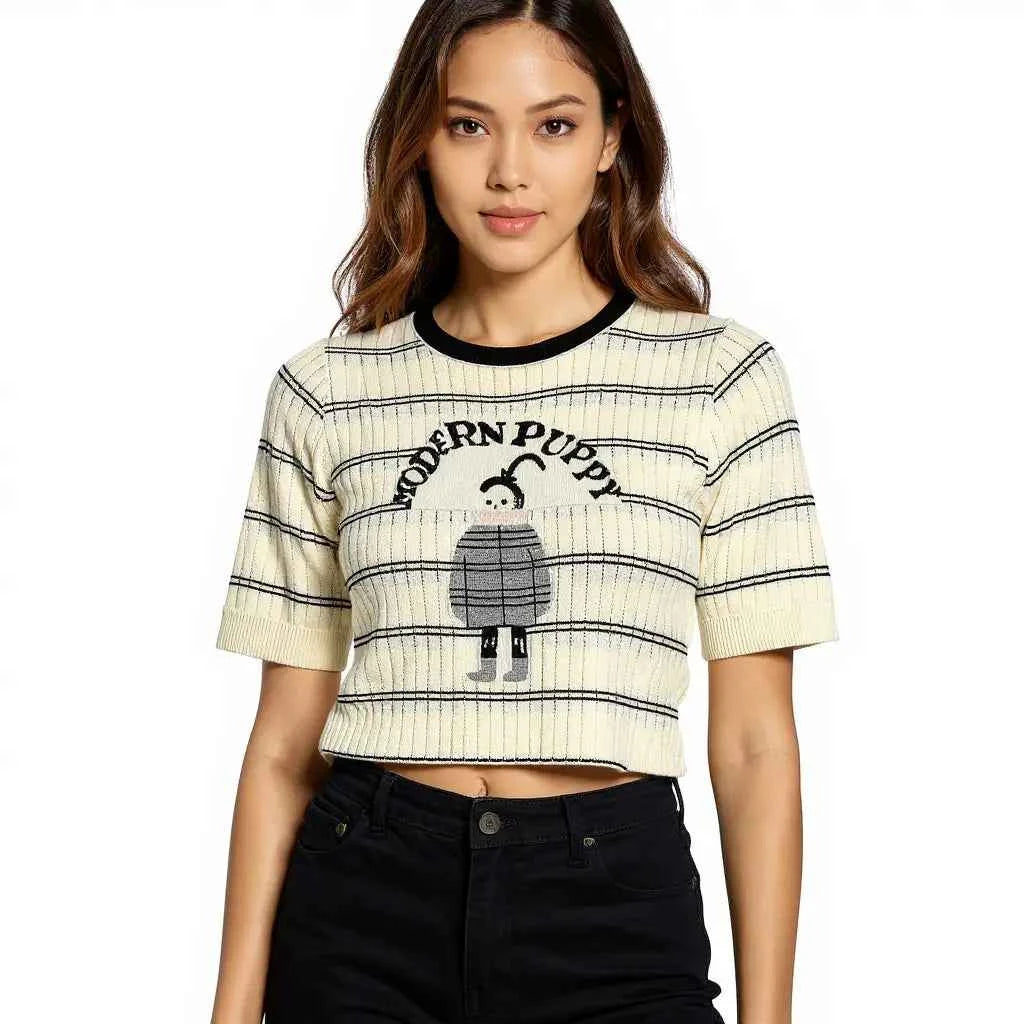 Astron - Cream Ribbed Knit T-Shirt For Women