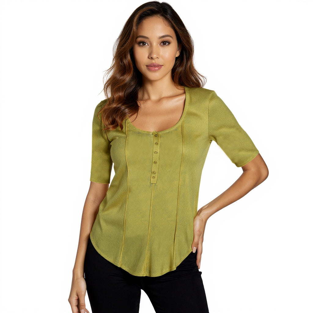 Astron – Olive Green Ribbed Knit Henley Top