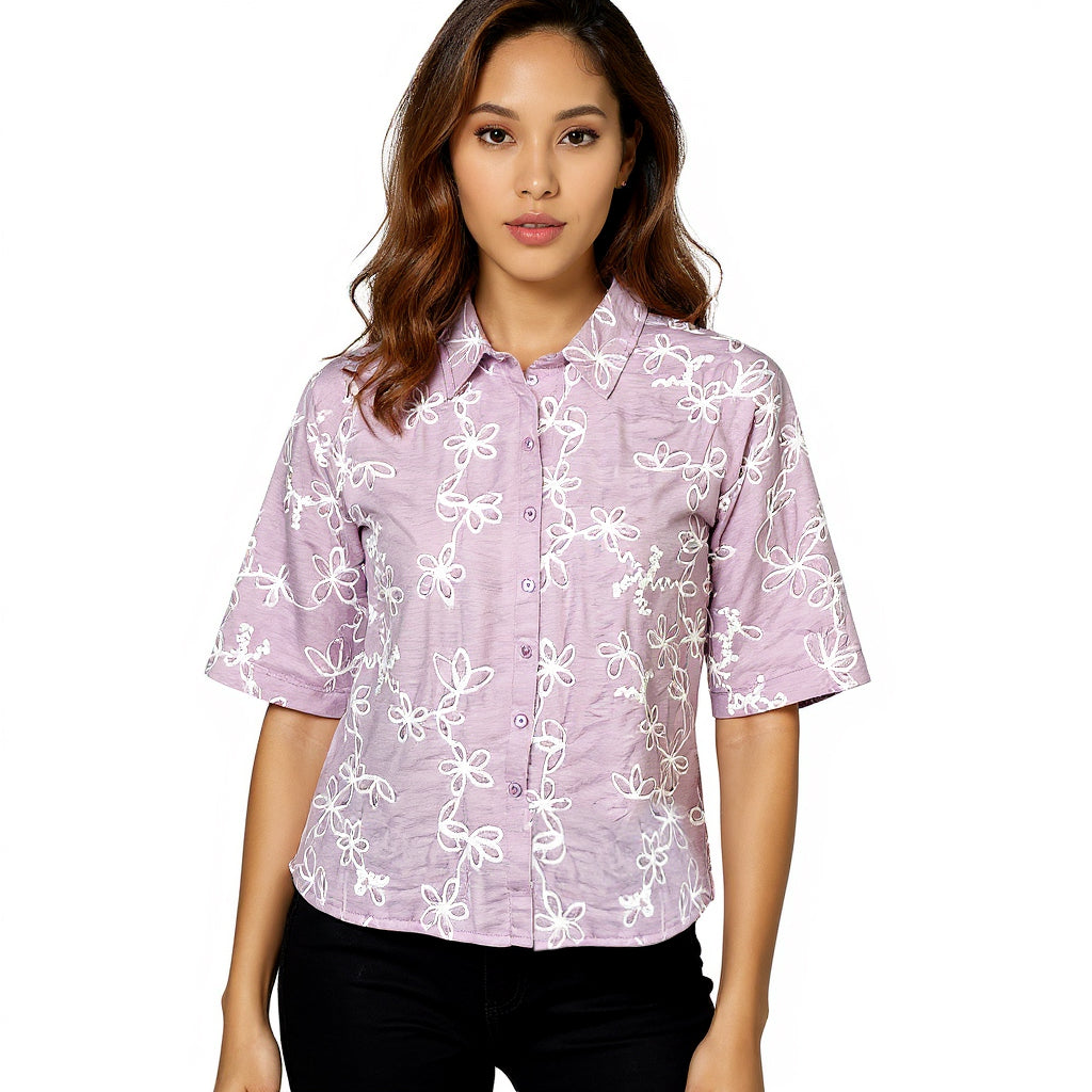 Astron - Lavender Floral Embroidered Button-Down Shirt