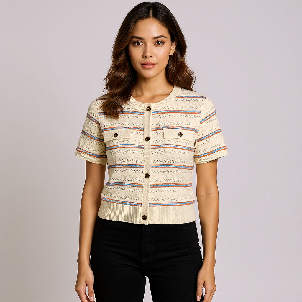 Astron - Cream Knit Top With Multicolored Stripes