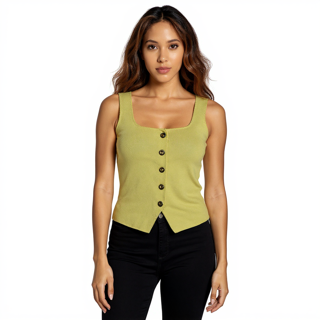 Astron Chartreuse Green Ribbed Knit Sleeveless Vest Top