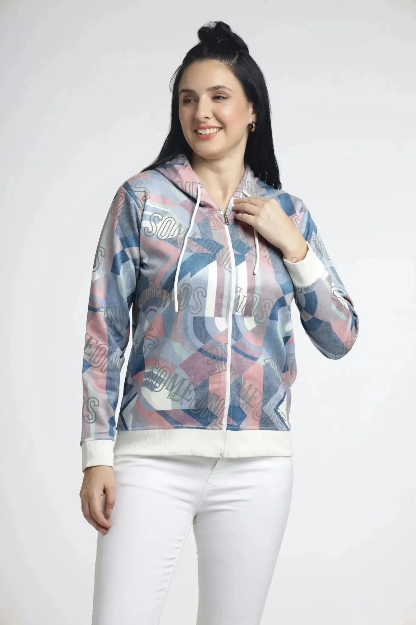 Women's Abstract Printed Hoodie - Multicolor Zip-Up for Stylish Comfort - ASTRON