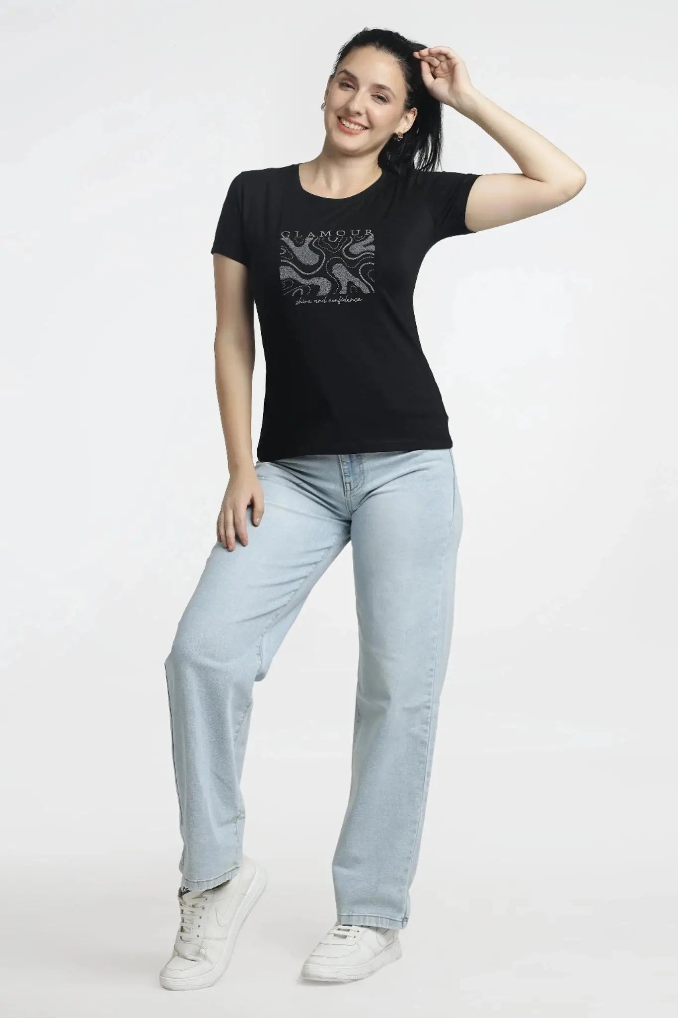 Women's Embroidered Printed T-Shirt - Glamour Round-Neck Tee - ASTRON