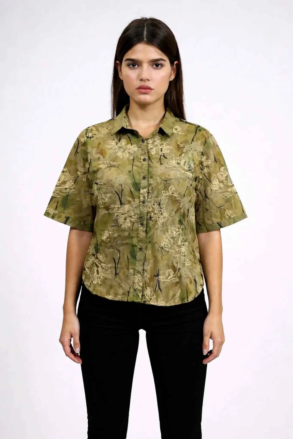Astron - Olive Green Printed Viscose Shirt For Women